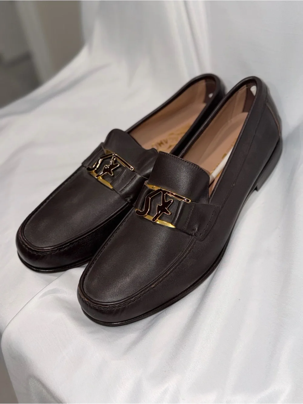 Salvatore Ferragamo Brown Leather Loafers with Gold Logo Hardware